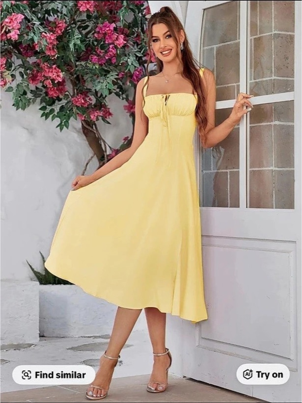 SHEIN MOD Solid Ruched Bust Lace Up Side Formal Cami Yellow Long Dress MOD
